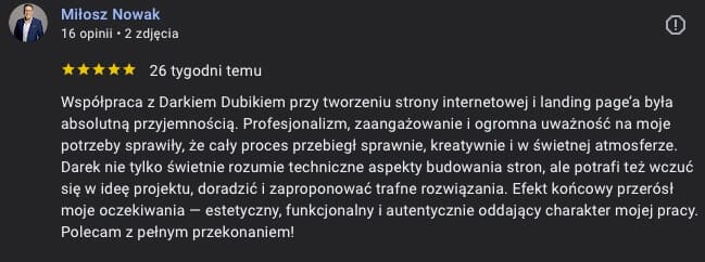 Zrzut ekranu opinii Google klienta Miłosza Nowaka o współpracy z Dariuszem Dubikiem przy tworzeniu strony internetowej i landing page’a — profesjonalizm, proces i dopasowane rozwiązania.